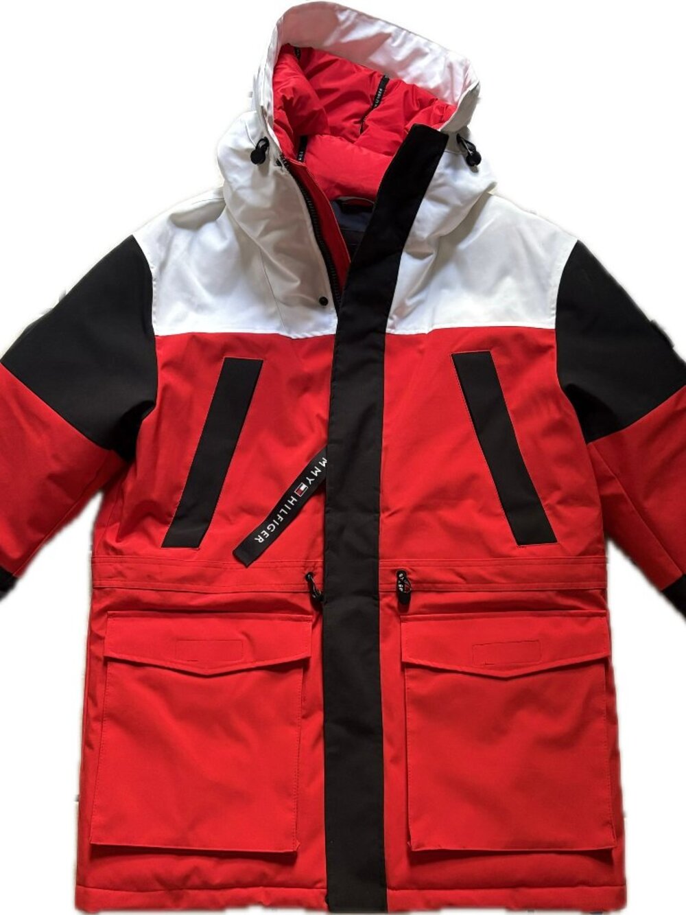 NWT Tommy Hilfiger Colorblock Hooded Parka Coat Jacket Mens S Red White Full-Zip